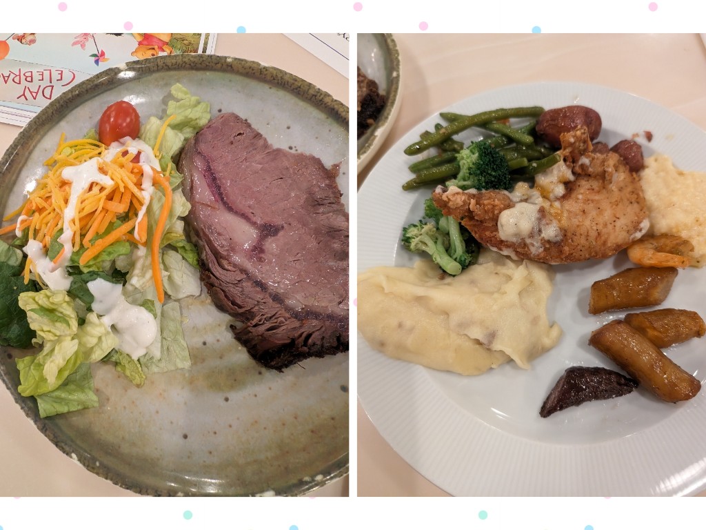 A collage of two plates featuring prime rib, country fried chicken, mashed potatoes, salad, and more from The Crystal Palace buffet