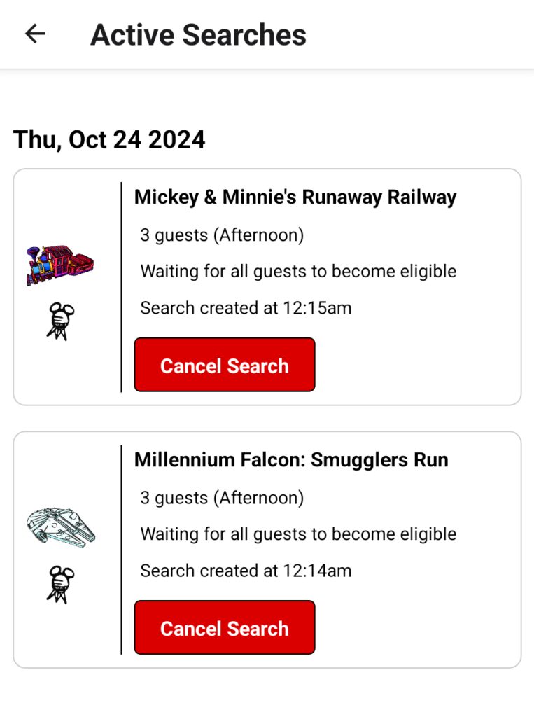 A screenshot of active Disney World Lightning Lane Multi Pass searches on Standby Skipper