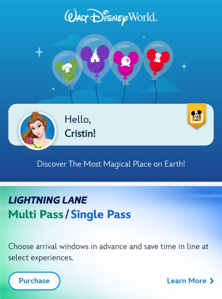 Screenshot of My Disney Experience app home page