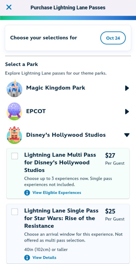 Sample prices on My Disney Experience for Lightning Lane Multi and Single Pass