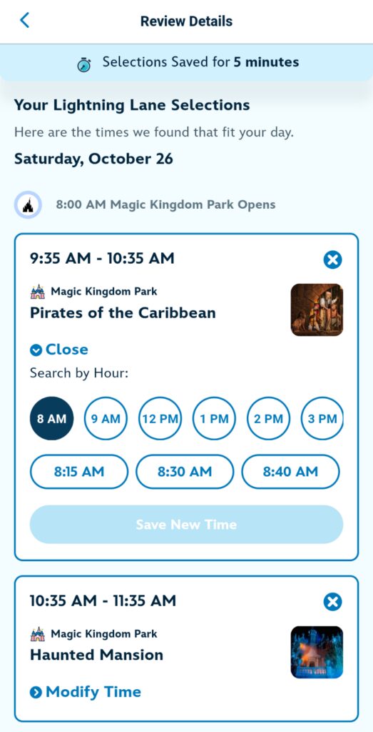 My Disney Experience app screenshot showing how to choose times for Lightning Lane Multi Pass